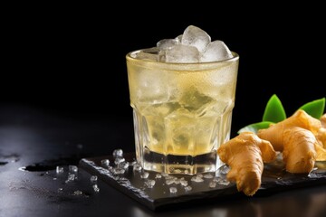 Canvas Print - freshly poured ginger ale with bubbles and ice cubes