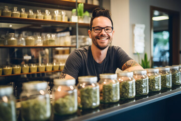 Happy young adult  Dutchman man works in a medical cannabis store in the Netherlands.