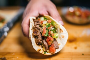 Canvas Print - hand folding a grilled taco before eating it