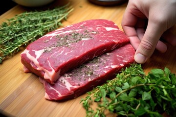 Poster - close-up of hand rubbing herbs on steak