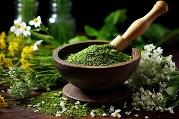 Canvas Print - a mortar and pestle with crushed herbs and flowers