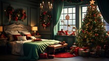 christmas bedroom interior with redgreen colors with a christmas tree ai generated