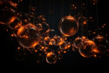 Glowing Orbs Suspended Freely Against A Black Backdrop. Abstract Artwork Showcasing Spherical Shapes. Cluster Of Vibrant, Glossy Orange Bubbles. Generative AI