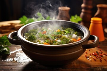 Wall Mural - a bowl of steaming vegetable soup on a wooden table