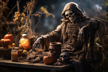 Wall Mural - Skeleton on a spooky night. Halloween concept.