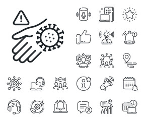 Poster - Dont touch warning sign. Place location, technology and smart speaker outline icons. Wash hand line icon. Hygiene notification symbol. Wash hand line sign. Influencer, brand ambassador icon. Vector