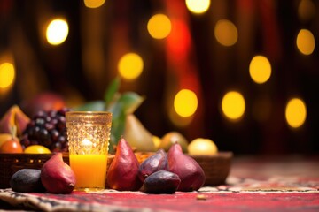 Canvas Print - lit kinara with blurred fruits in the background