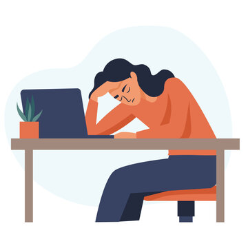 Flat vector illustration. girl sitting at the computer holding her head, headache, burnout at work, depression. Vector illustration