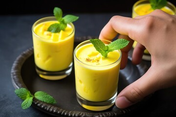 Wall Mural - hand garnishing mango lassi with mint leaves