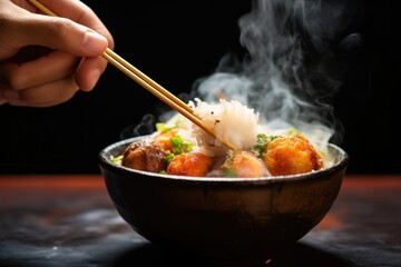 Canvas Print - hand holding meatball skewer over steaming rice bowl