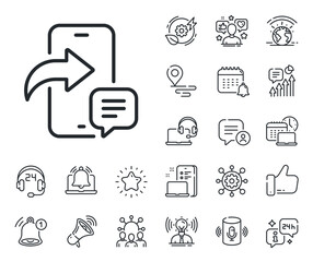 Poster - Smartphone app sign. Place location, technology and smart speaker outline icons. Phone message line icon. Cellphone mobile device symbol. Phone message line sign. Vector