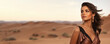 Cosmetic beauty banner with close-up portrait of a beautiful woman and desert dune sand backdrop