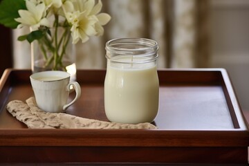 Canvas Print - a cup of warm milk on a mahogany nightstand