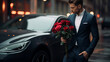 A man in a suit with a bouquet of roses near a beautiful car