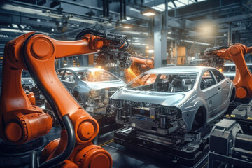 Canvas Print - An image of a car being assembled in a factory with the help of robots. This picture can be used to showcase modern manufacturing techniques and automation in the automotive industry.