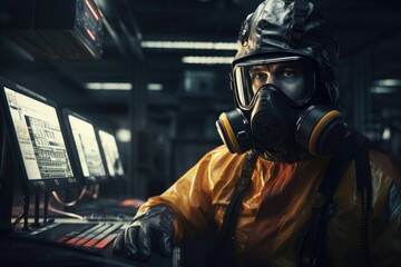 Poster - A man wearing a gas mask sits in front of a computer. This image can be used to depict themes of protection, technology, and isolation.