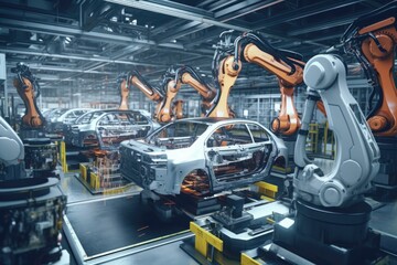 Wall Mural - A car being assembled in a factory. This image can be used to depict the manufacturing process of automobiles.