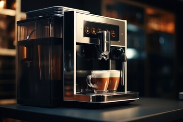 Poster - A coffee machine sitting on top of a counter. This image can be used to depict a coffee shop, kitchen, or home brewing setup.