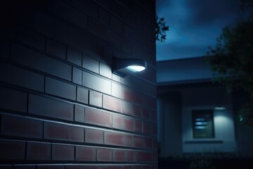 Poster - A black and white photo of a light illuminating a brick wall. This picture can be used to add a vintage and nostalgic touch to various design projects.