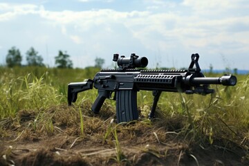 Poster - A machine gun placed on top of a vibrant and fertile green field. This image can be used to depict military equipment or the contrast between nature and conflict.