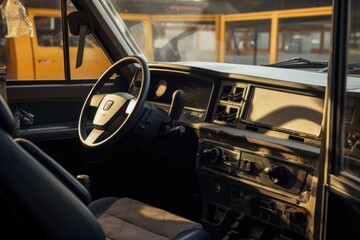 Poster - A close-up view of the interior of a car showing the steering wheel. This image can be used to depict driving, transportation, automotive industry, or vehicle safety.