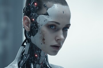 Poster - A woman is depicted with a robot head and a red light illuminating her face. This unique image can be used in various creative projects and futuristic concepts.