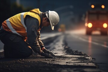 Poster - A construction worker is hard at work on a road. This image can be used to showcase construction, infrastructure, and roadwork projects.