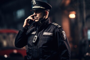 Poster - A police officer engaged in a phone conversation, multitasking while on duty. Suitable for illustrating modern law enforcement techniques and communication methods.