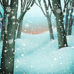 Wall Mural - Winter illustration for  greeting card or invitation poster with a snowy landscape with an Forest Glade  in a city park