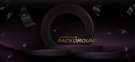 Wall Mural - Dark illustration, round frame with border and podium