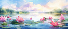 Watercolor Lotus Serenity: Tranquil Lake Scene