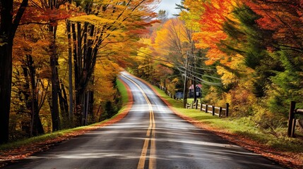 Wall Mural - Scenic view of colorful autumn foliage along a winding rural road in Vermont, USA