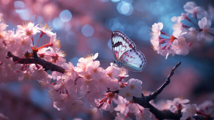 Wall Mural - A butterfly sits on a pink flower.