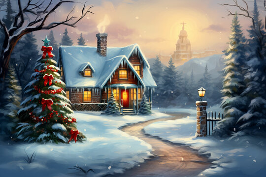 Christmas scene holiday greeting card design
