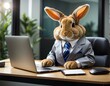 rabbit wearing a suit works in the office in front of a laptop