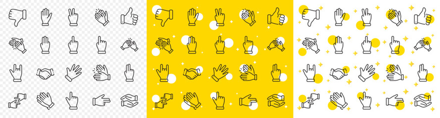 Poster - handshake, clapping hands, victory. hand gestures line icons. horns, thumb up finger, drag and drop 
