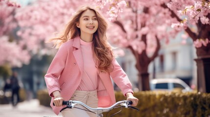 Wall Mural - Happy Asian young woman riding bicycle in city spring park outdoor, Active urban lifestyle cycling