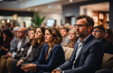 business professional audience sitting in a small room with a few people in the back.