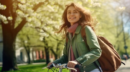 Wall Mural - Happy young woman riding bicycle in city spring park outdoor, Active urban lifestyle cycling concept