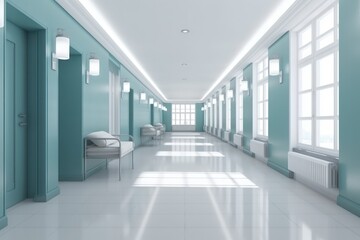 Poster - Interior of an empty hospital corridor with blue walls and white tiled floor