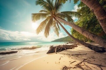 A picturesque palm tree on a serene sandy beach