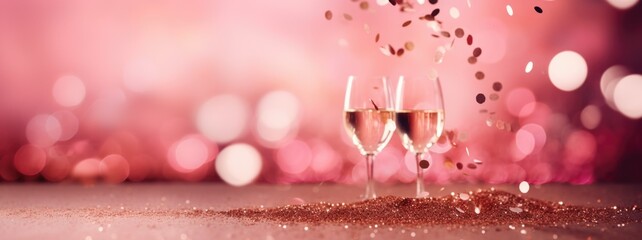 Pink rose champagne glasses close up, bokeh lights background. New year, Valentines day celebration toast festive rose gold blur pink champagne sparkle glitter web banner