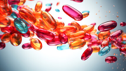 Wall Mural - Isolated multicolored medical capsules flying on a light background. Generative AI technology.