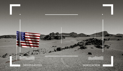 Wall Mural - Futuristic cosmic science background with US flag Mars rover through viewfinder display