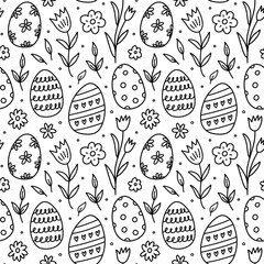cute seamless pattern with easter eggs, spring flowers and leaves. vector hand-drawn doodle illustra