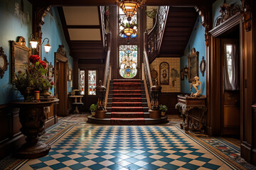 Poster - A Victorian-era home greets visitors with an ornate tiled entryway, which sits in harmony with nearby stained glass windows, radiating historic charm