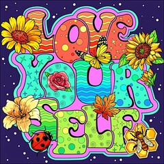 Wall Mural - Love yourself writing with sunflowers and insect 