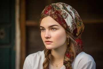 Wall Mural - a young woman wearing a traditional head scarf and holding her hat