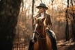 shot of a woman trotting on her horse outside