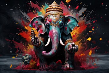 Wall Mural - ganesha in color, in the style of colorful explosions, color splash, dark palette